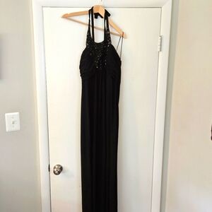 Sangria Black Beaded Stretch Halter Gown